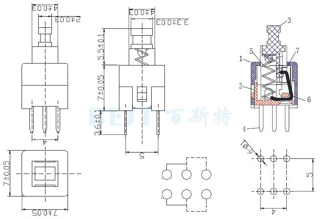 按鍵開(kāi)關(guān)PS-22E07參考圖紙