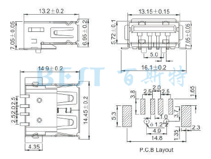 USB插座USB-A-18參考圖紙